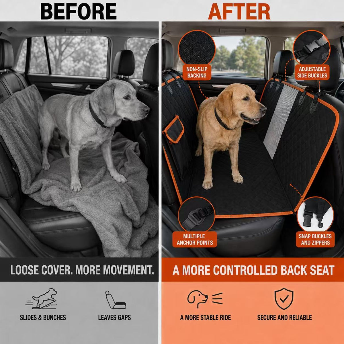 Dog Car Seat Cover For Back Seat,  Waterproof Hammock For Cars And SUVs Scratch-Resistant, Non-Slip Design With Mesh Window, Side Flaps And Storage Pocket, Black