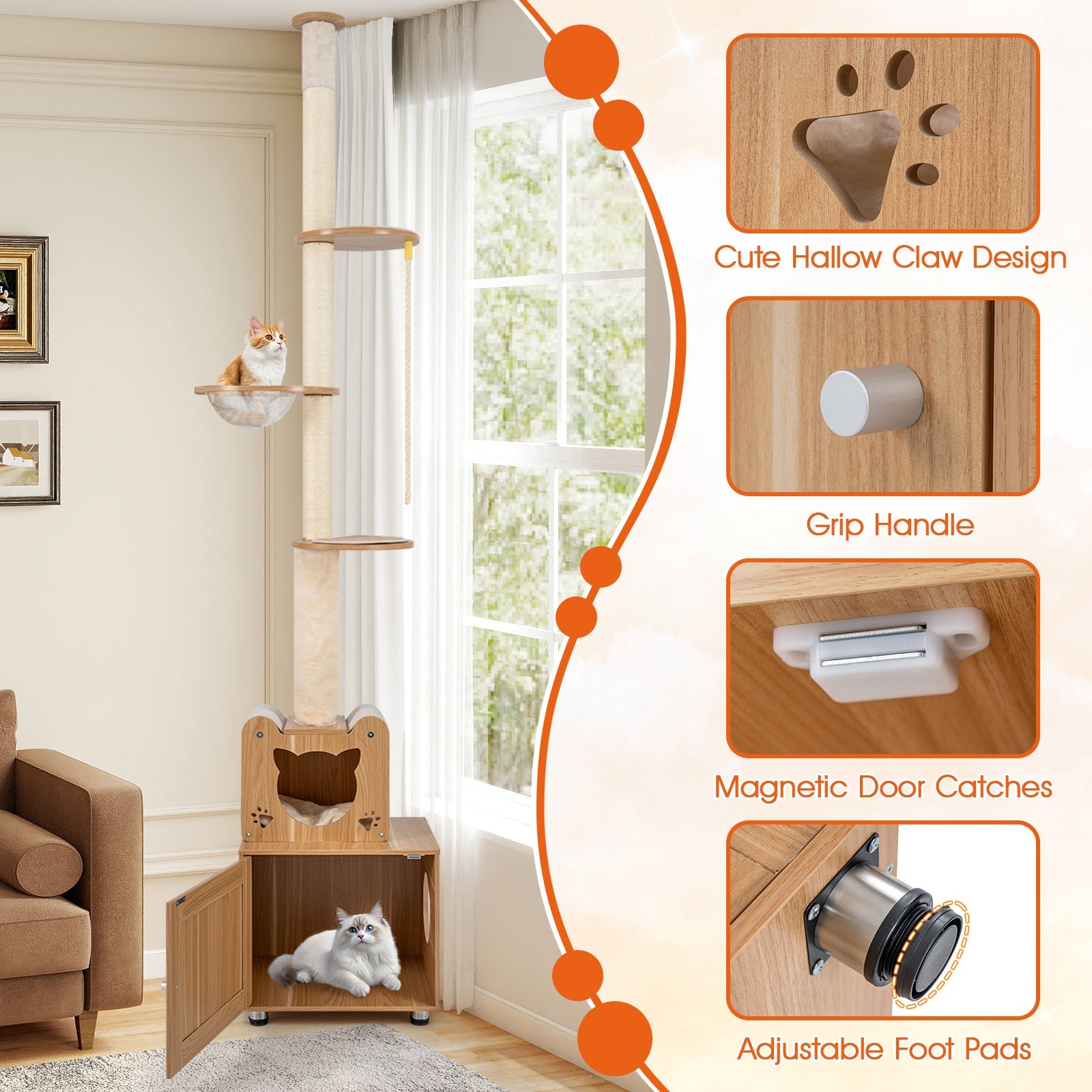 101 Inch Floor to Ceiling Cat Tree Height Adjustable with Litter Box Enclosure-Brown