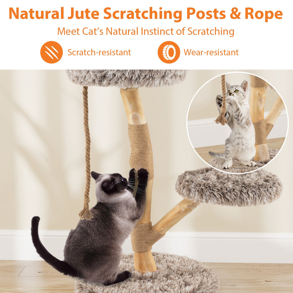 Modern Wooden Cat Tree Tower with Perch and Natural Jute Scratching Posts-Brown