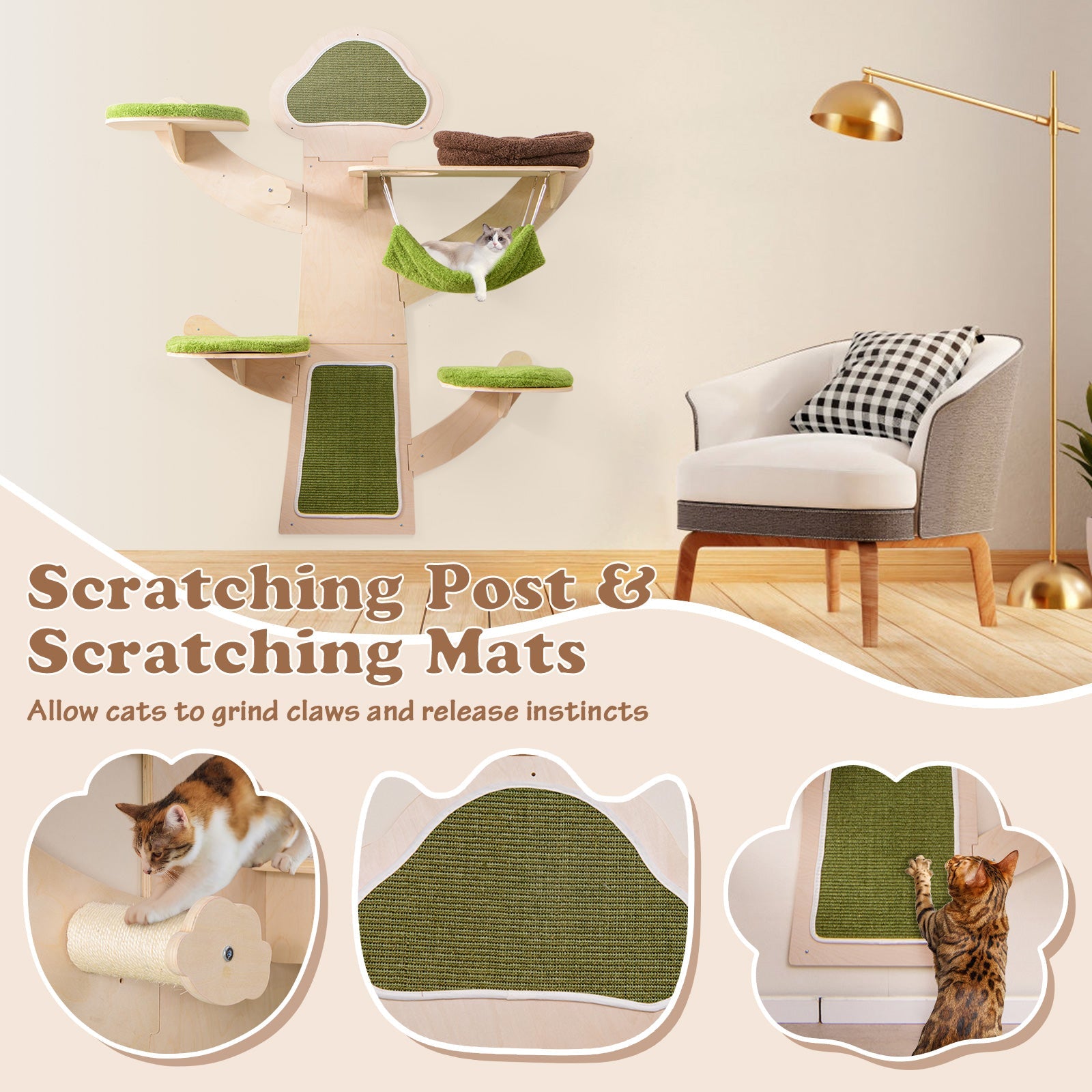 Wall-Mounted Cat Tower Cat Wall Shelves Furniture with Bed-Green