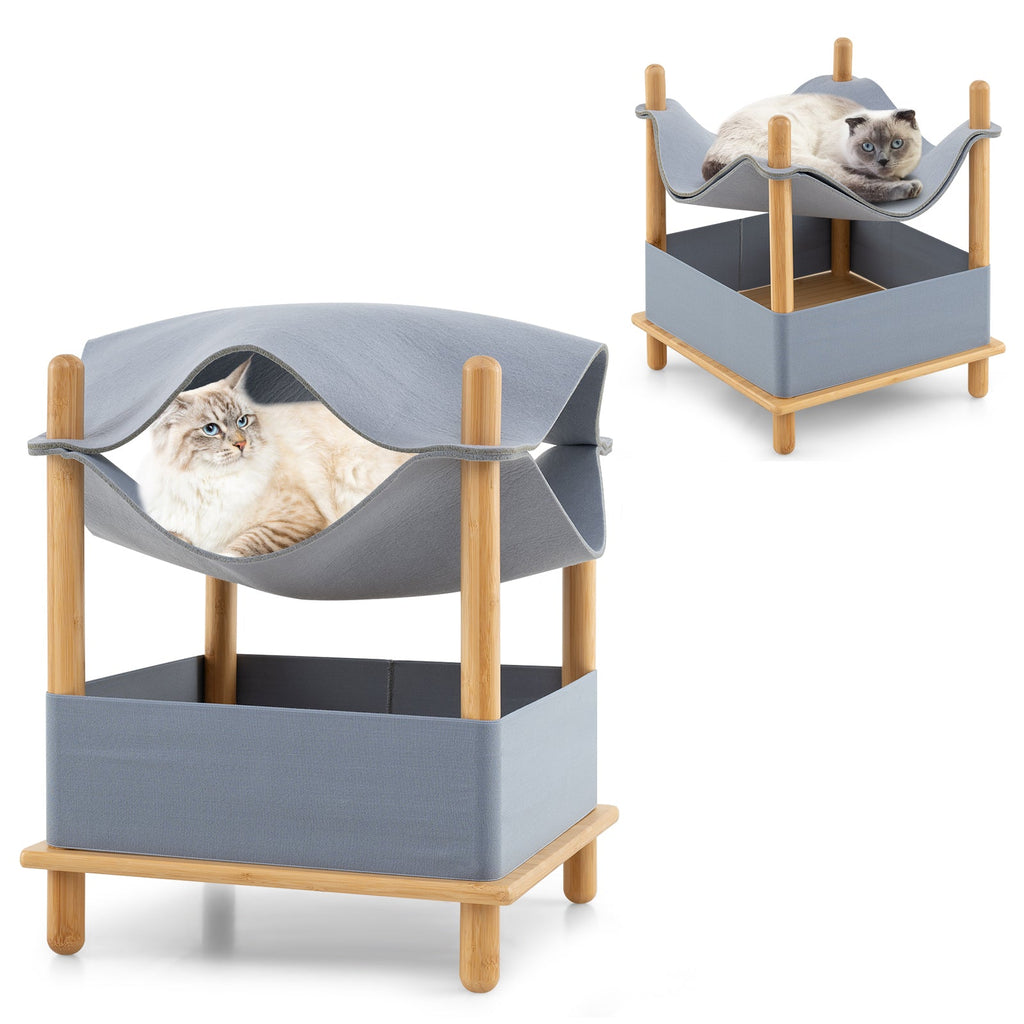 2-Tier Wooden Cat House with Semi-enclosed Condo and Removable Clothes-Gray