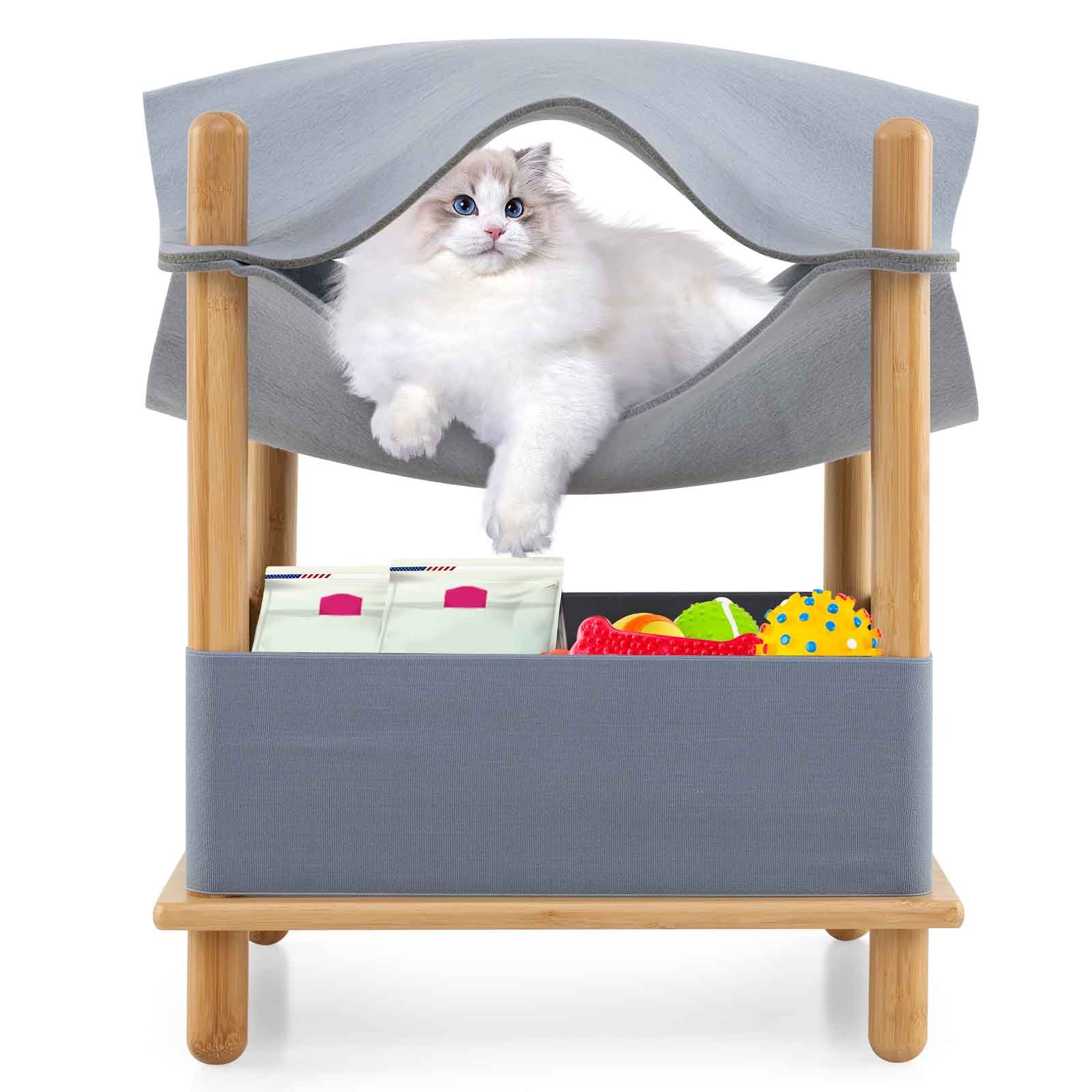 2-Tier Wooden Cat House with Semi-enclosed Condo and Removable Clothes-Gray