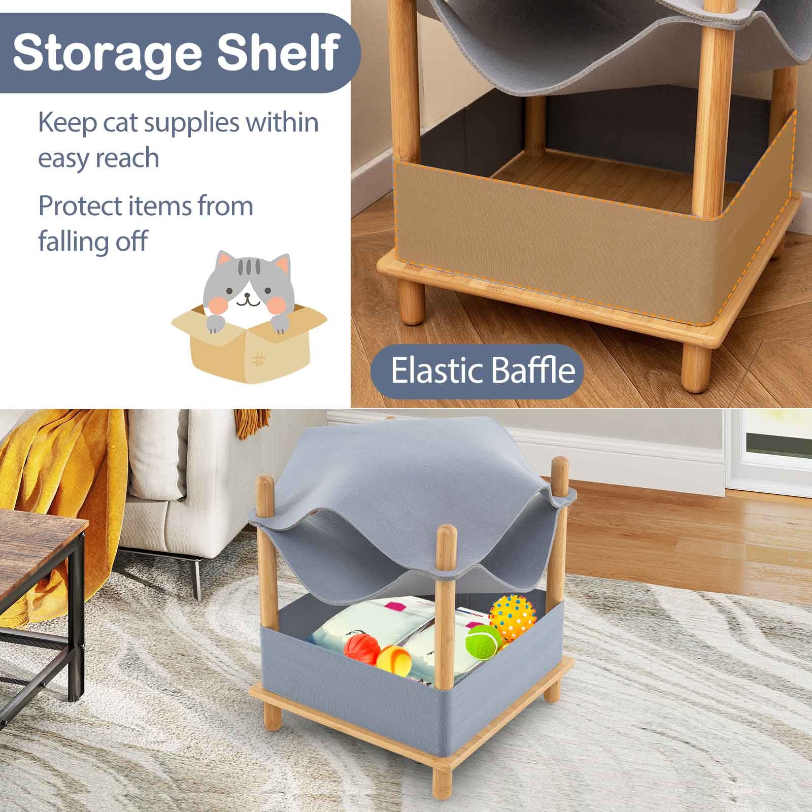 2-Tier Wooden Cat House with Semi-enclosed Condo and Removable Clothes-Gray