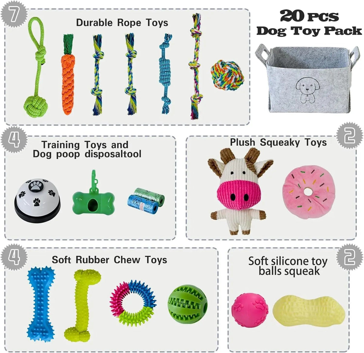 20-Piece Puppy Teething Chew Toy Set with Basket for Small & Medium Dogs