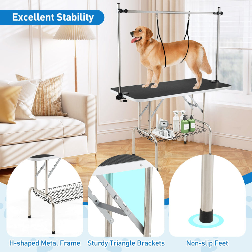 Foldable Dog Grooming Table with Height Adjustable Arms-Black