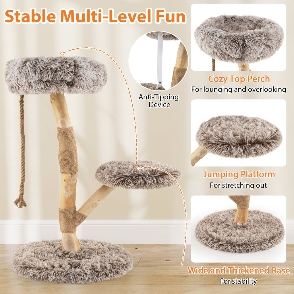 Modern Wooden Cat Tree Tower with Perch and Natural Jute Scratching Posts-Brown