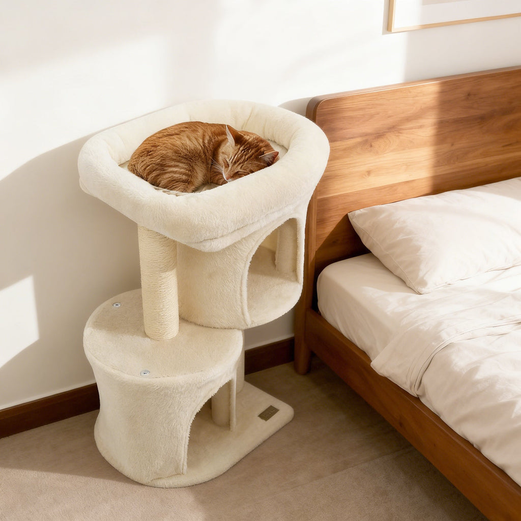 26 Inch Cat Tower with Large Padded Push Perch and Dual Condos