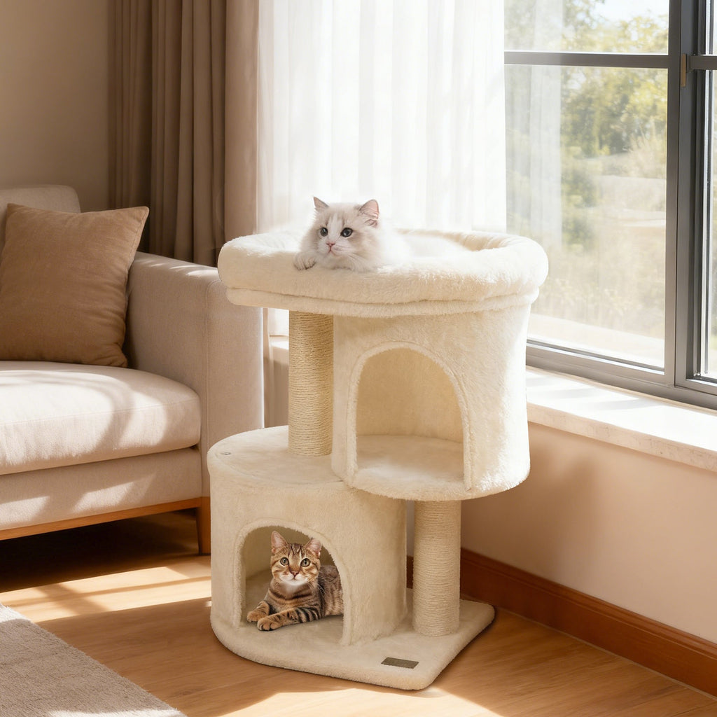 26 Inch Cat Tower with Large Padded Push Perch and Dual Condos