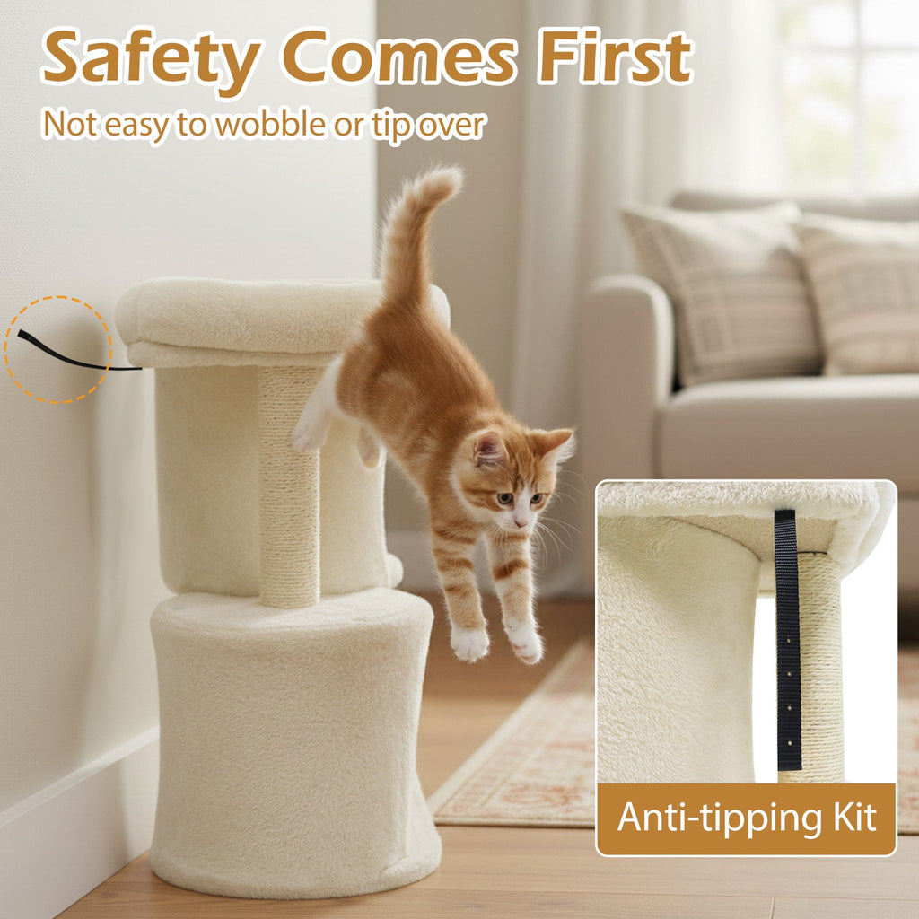 26 Inch Cat Tower with Large Padded Push Perch and Dual Condos