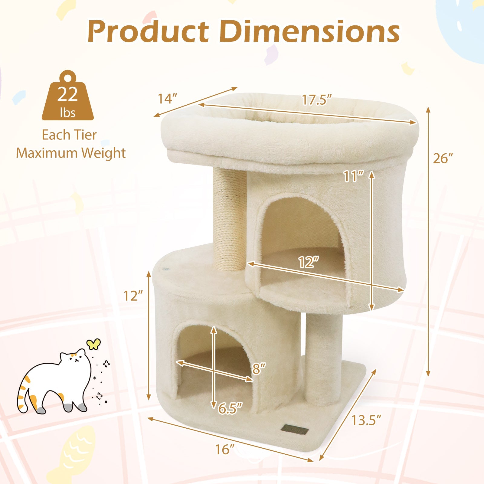 26 Inch Cat Tower with Large Padded Push Perch and Dual Condos