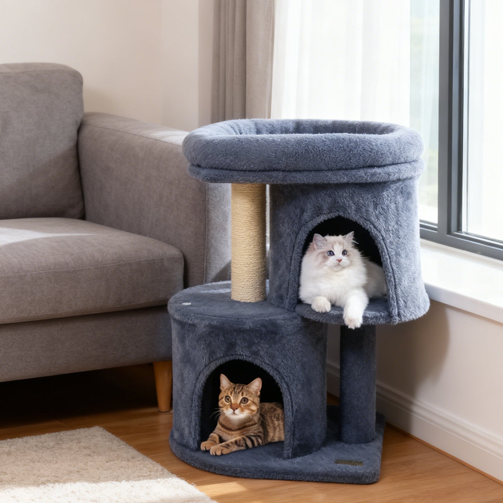 26 Inch Cat Tower with Large Padded Push Perch and Dual Condos