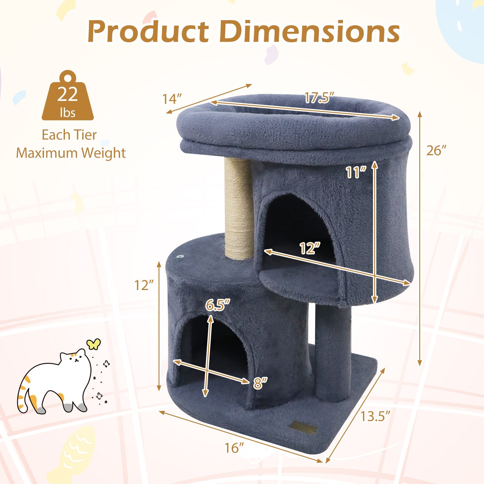 26 Inch Cat Tower with Large Padded Push Perch and Dual Condos