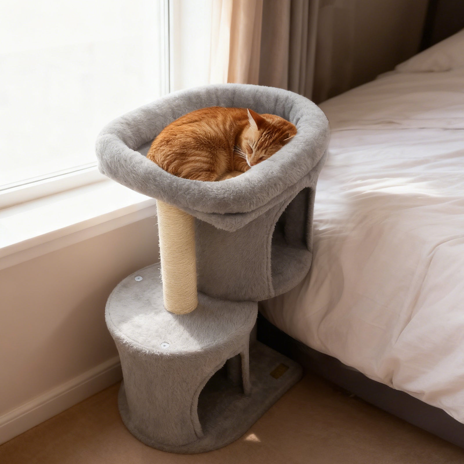 26 Inch Cat Tower with Large Padded Push Perch and Dual Condos