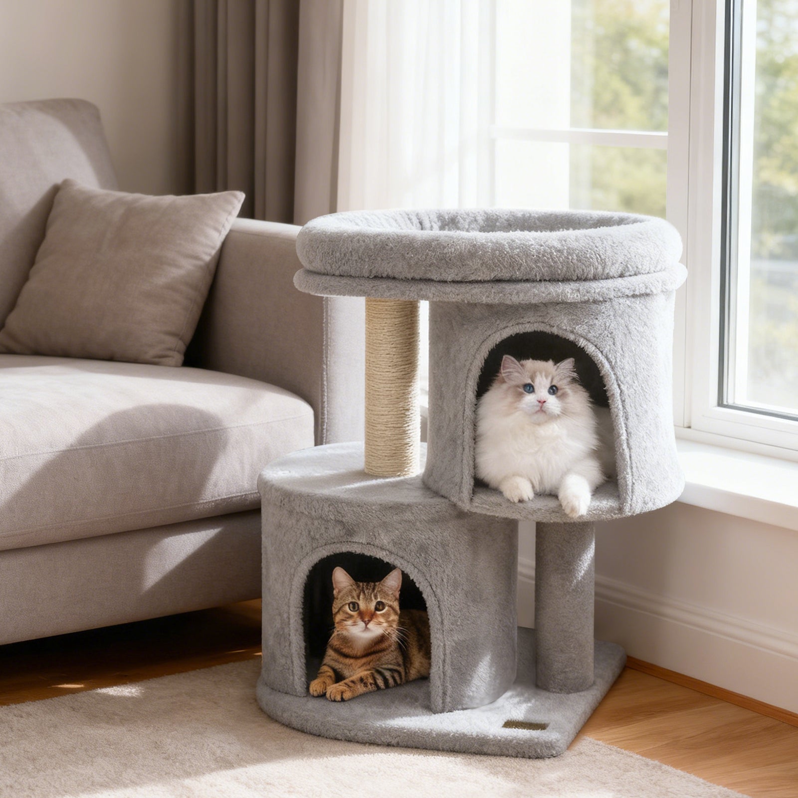 26 Inch Cat Tower with Large Padded Push Perch and Dual Condos
