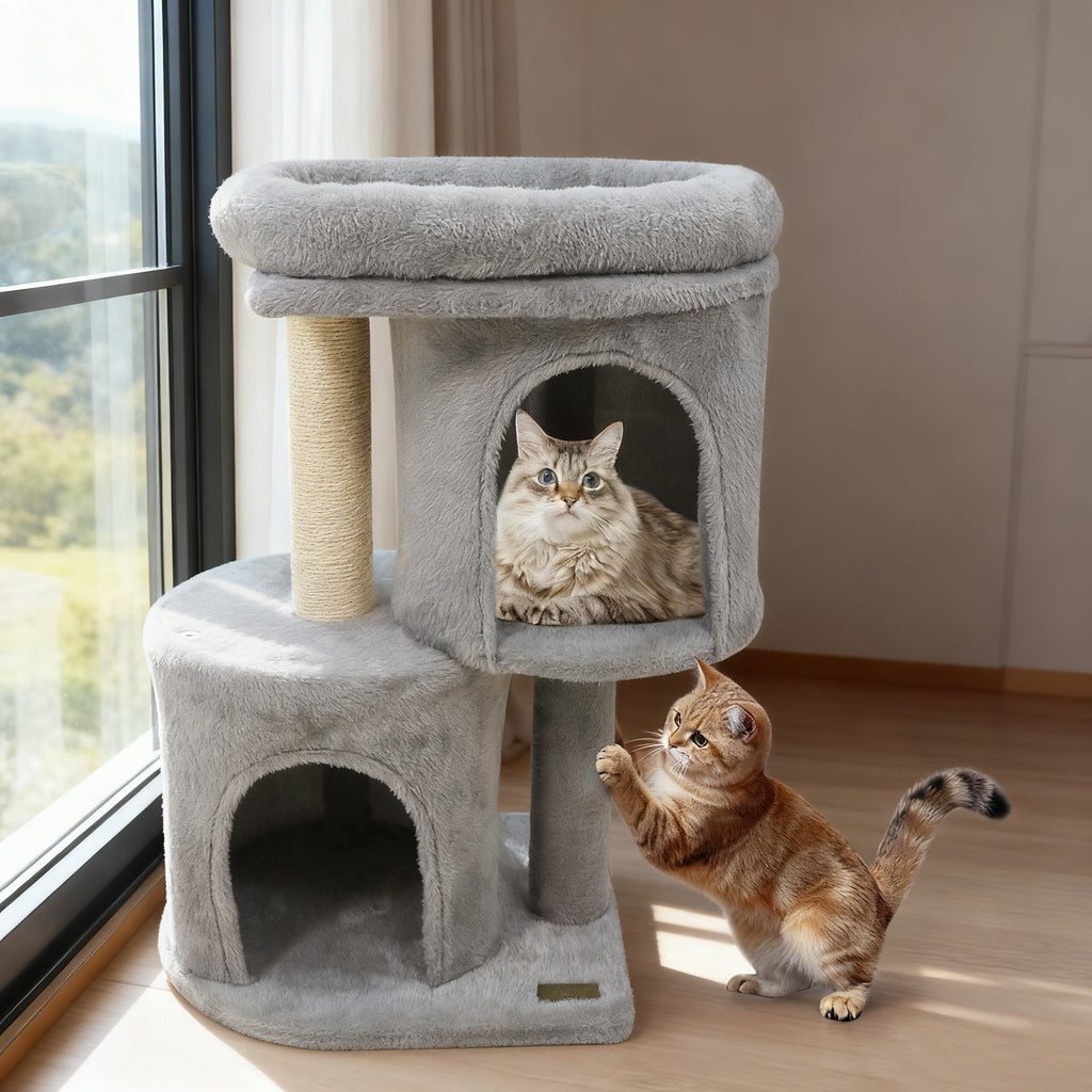26 Inch Cat Tower with Large Padded Push Perch and Dual Condos
