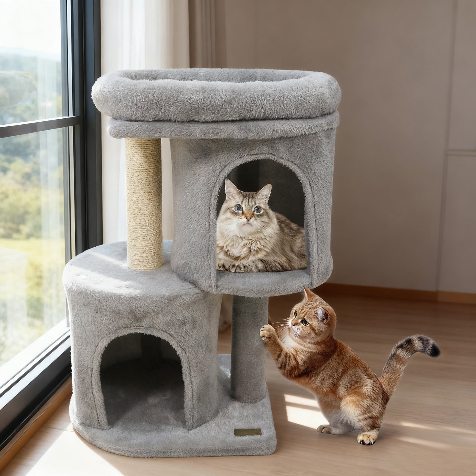 26 Inch Cat Tower with Large Padded Push Perch and Dual Condos