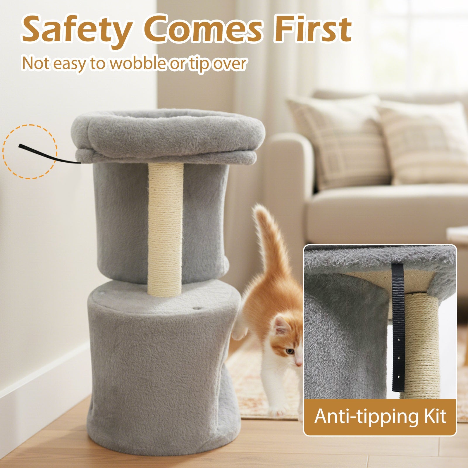 26 Inch Cat Tower with Large Padded Push Perch and Dual Condos