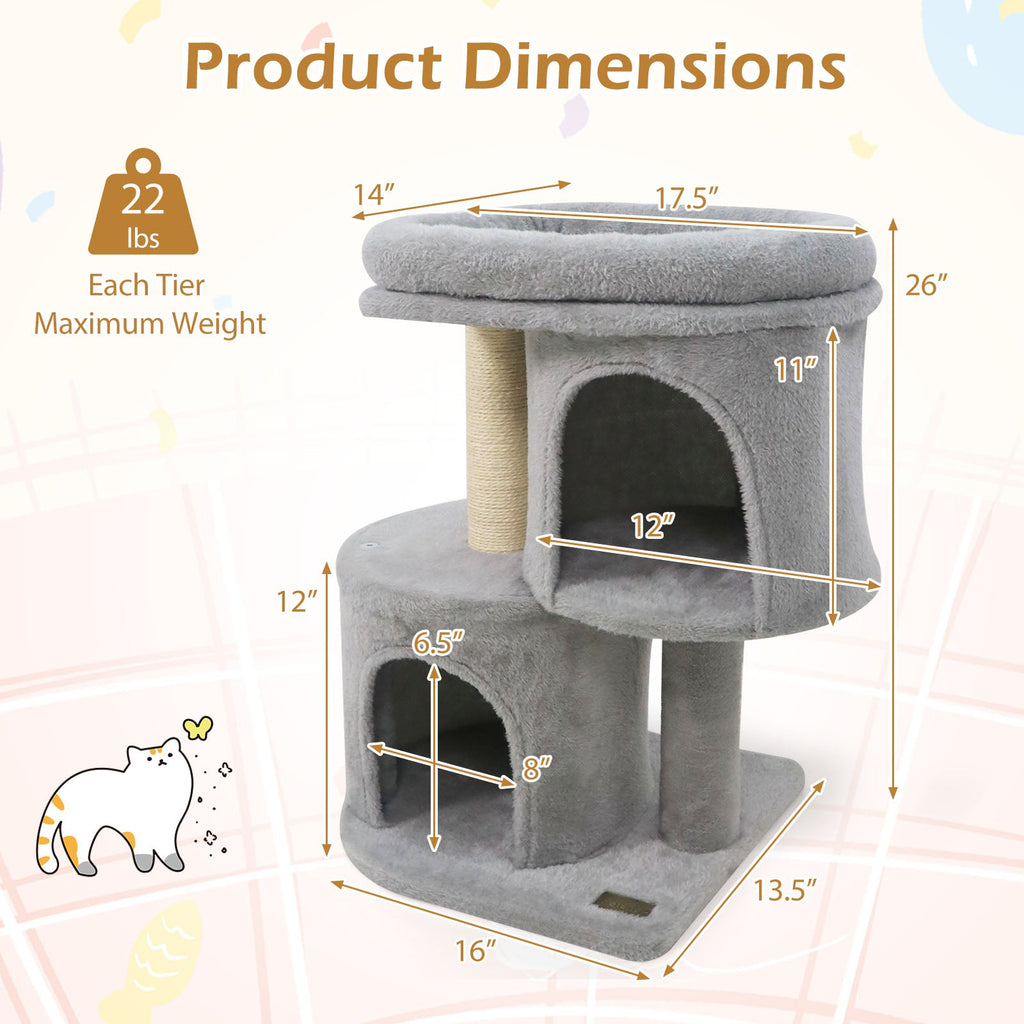 26 Inch Cat Tower with Large Padded Push Perch and Dual Condos