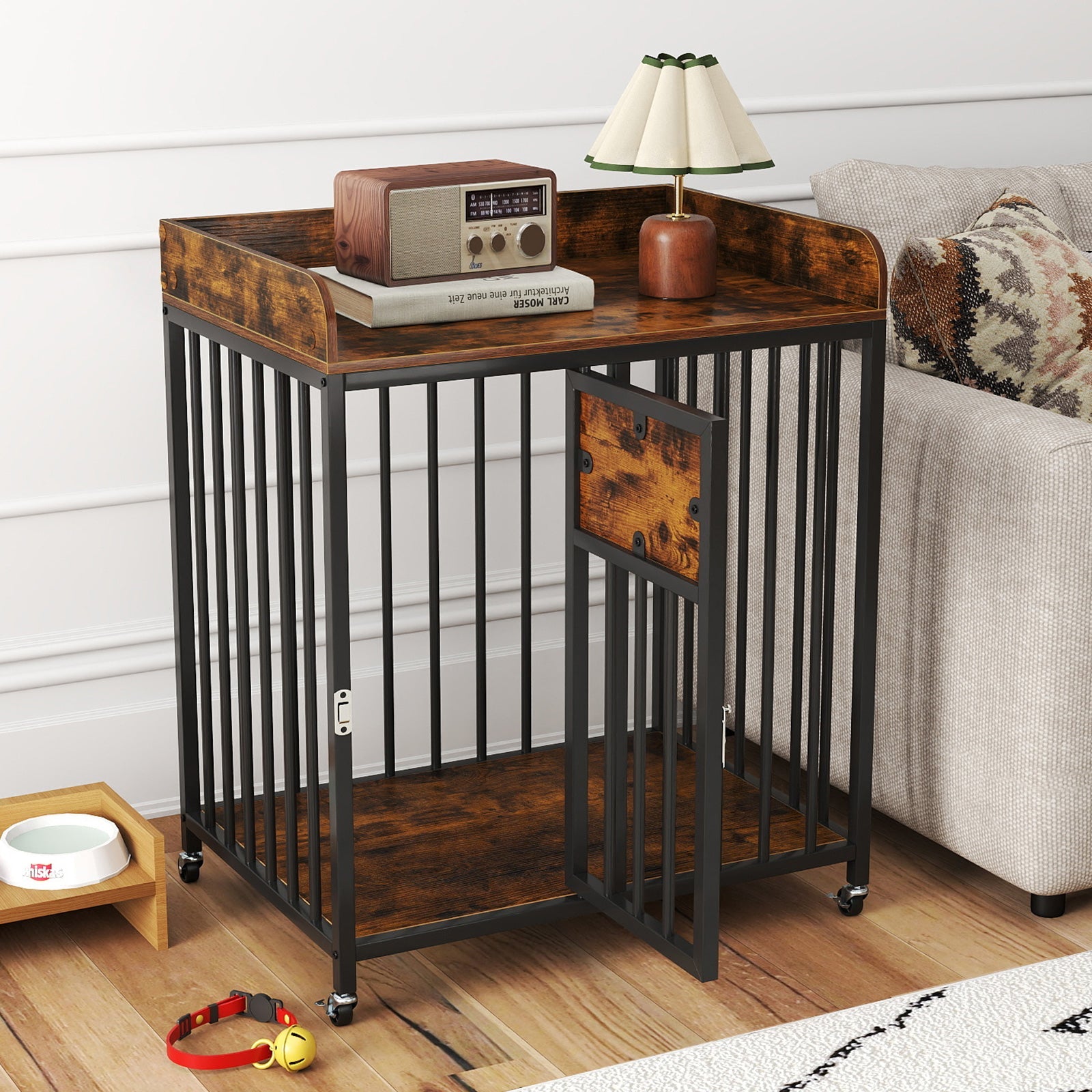 27.5 Inch Dog Crate Furniture with Wheels for Small Dogs and Puppies-Rustic Brown