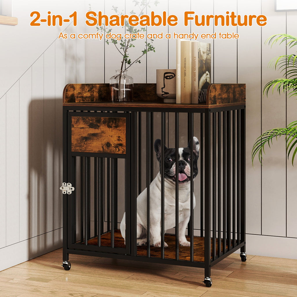 27.5 Inch Dog Crate Furniture with Wheels for Small Dogs and Puppies-Rustic Brown