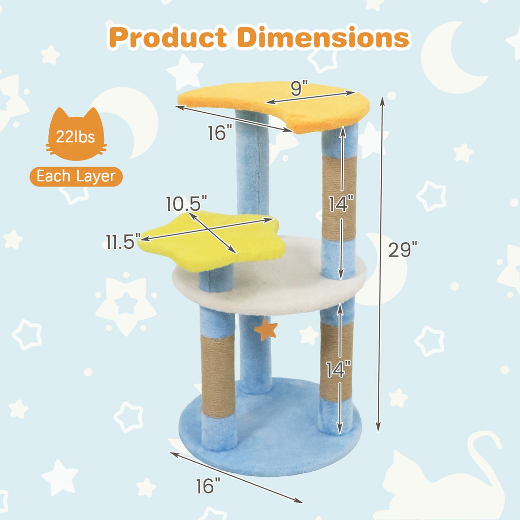 29 Inches Cute Modern Cat Tree with Star and Moon Shaped Platforms