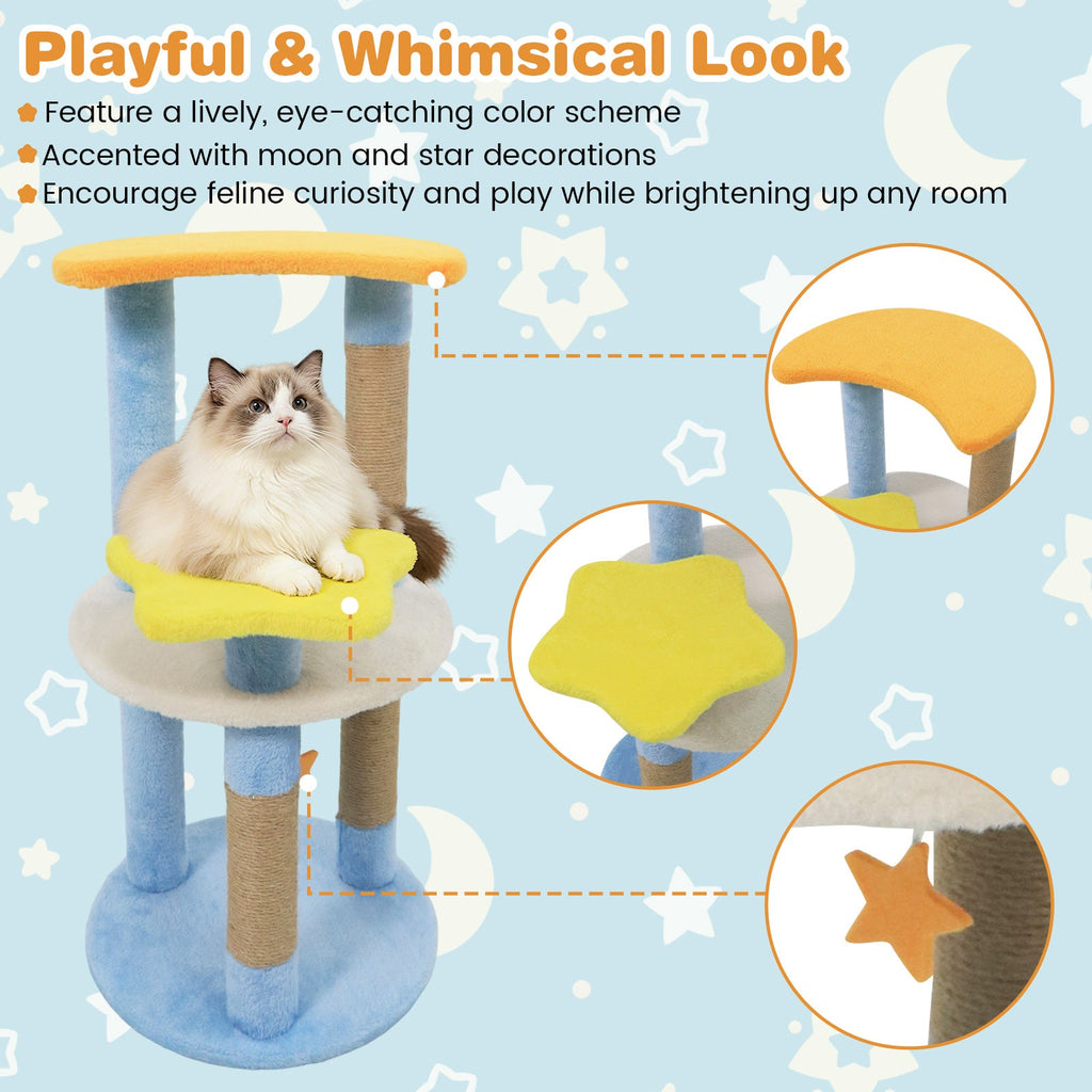 29 Inches Cute Modern Cat Tree with Star and Moon Shaped Platforms