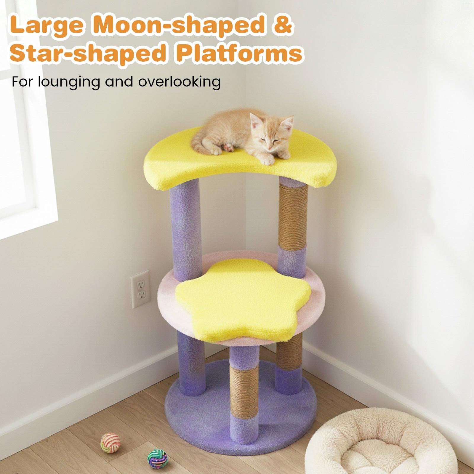 29 Inches Cute Modern Cat Tree with Star and Moon Shaped Platforms