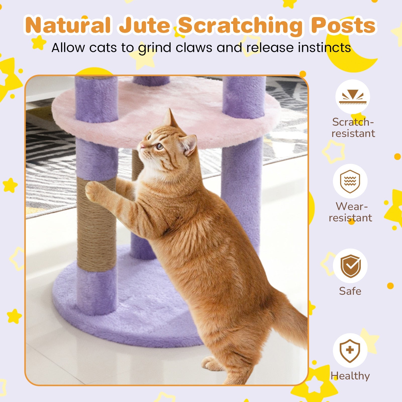 29 Inches Cute Modern Cat Tree with Star and Moon Shaped Platforms