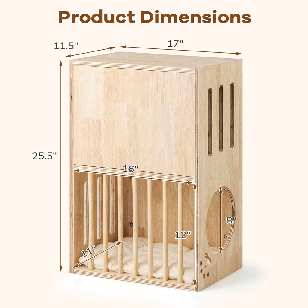 2-tier Wooden Cat Condo Indoor Symmetrical Cat House with Removable Cushions