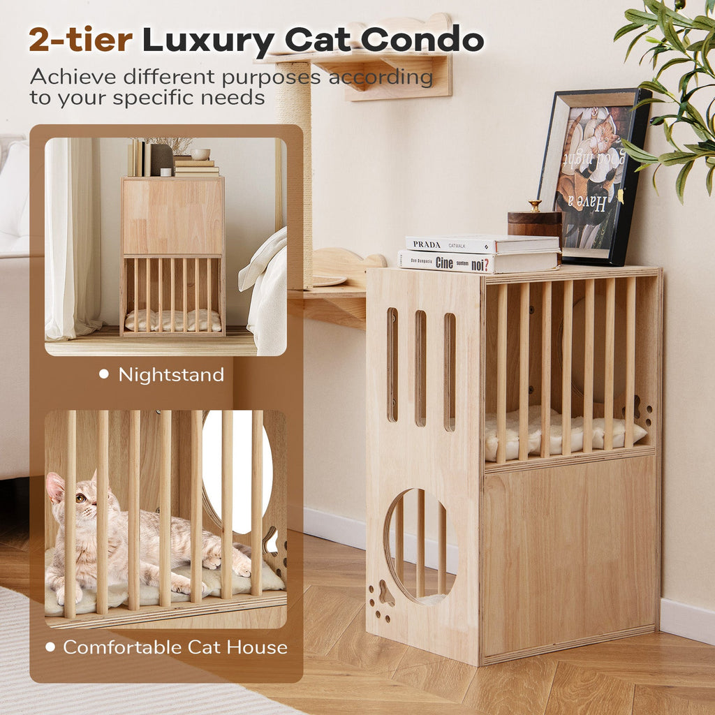 2-tier Wooden Cat Condo Indoor Symmetrical Cat House with Removable Cushions