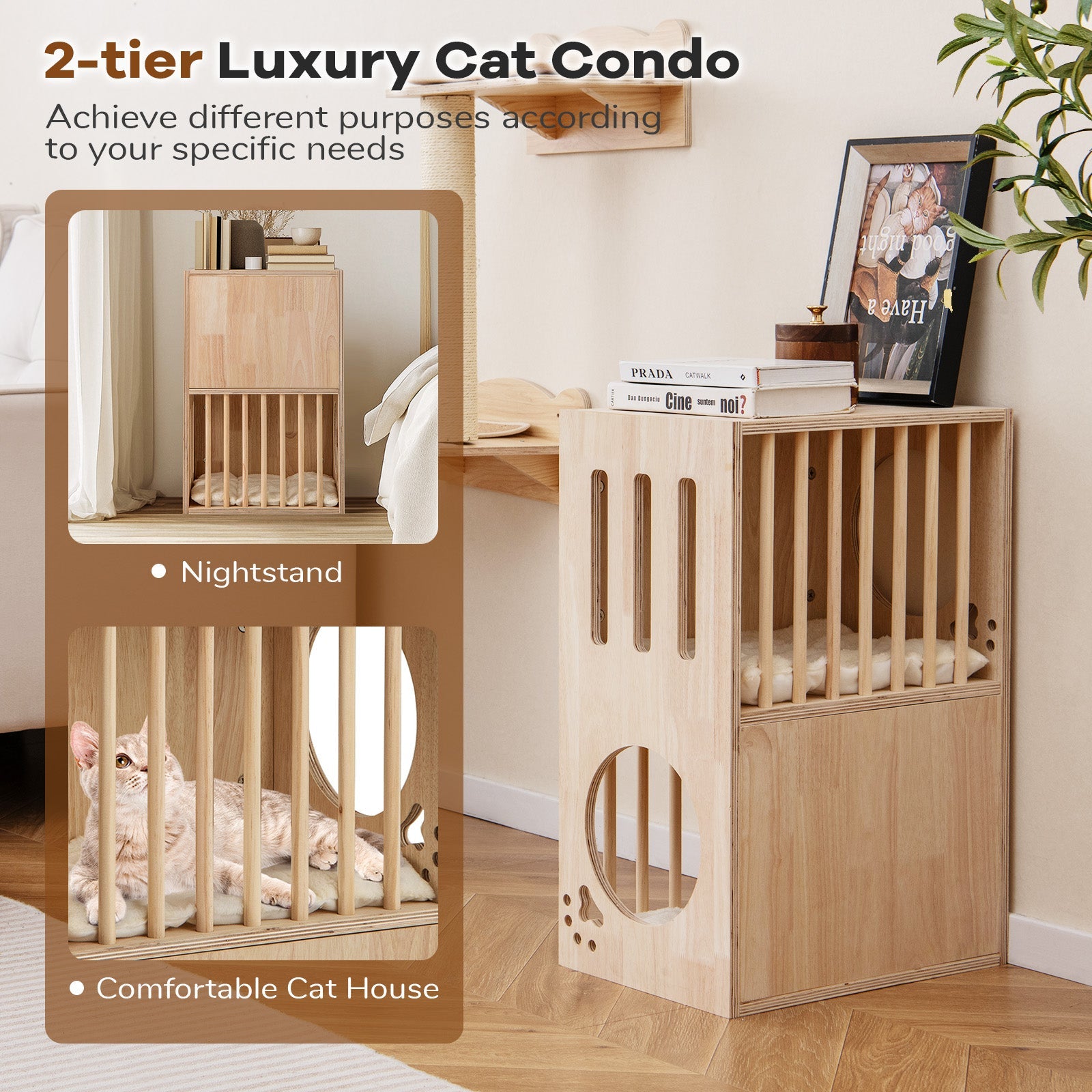 2-tier Wooden Cat Condo Indoor Symmetrical Cat House with Removable Cushions