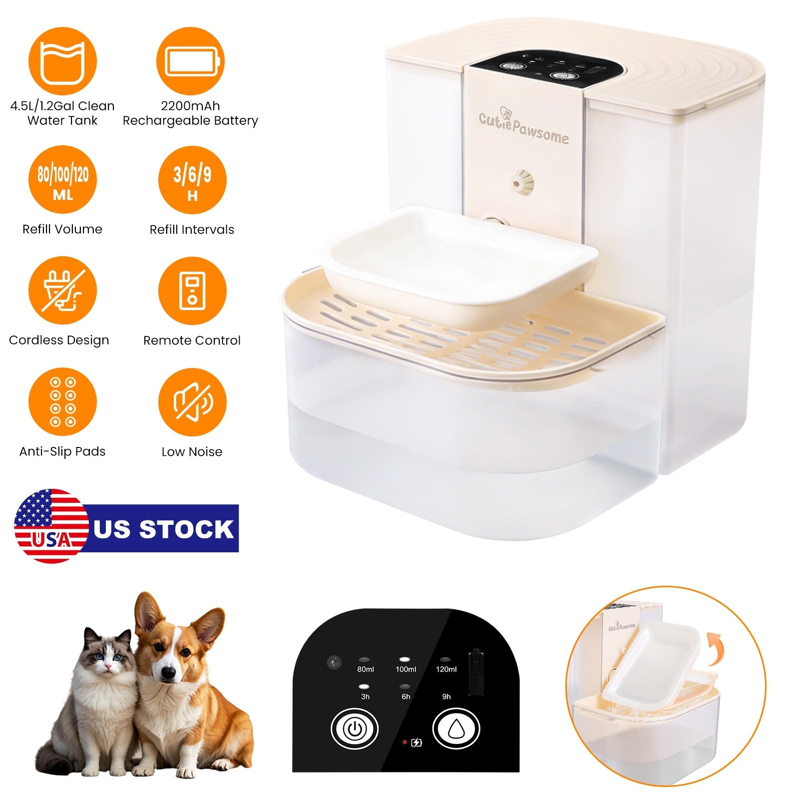 Smart Pet Water Fountain Automatic Cat Water Dispenser 4.5L Cordless Rechargeable Dog Water Fountain Self-Refill with 3 Adjustable Volume 3 Time Inter