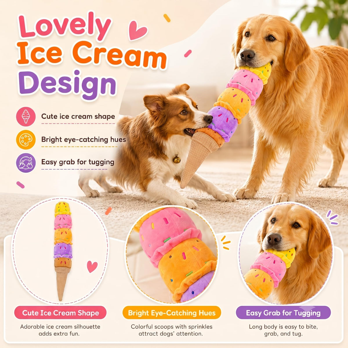 Squeaky Dog Plush Chew Toy, Interactive Tug Squeaky Toy For Chewers, Medium & Large Dogs & Fetch Play, 17.7 In Stuffed Rainbow Ice Cream Toy With Soft Short Plush For Gentle Gum Care & Boredom Relief