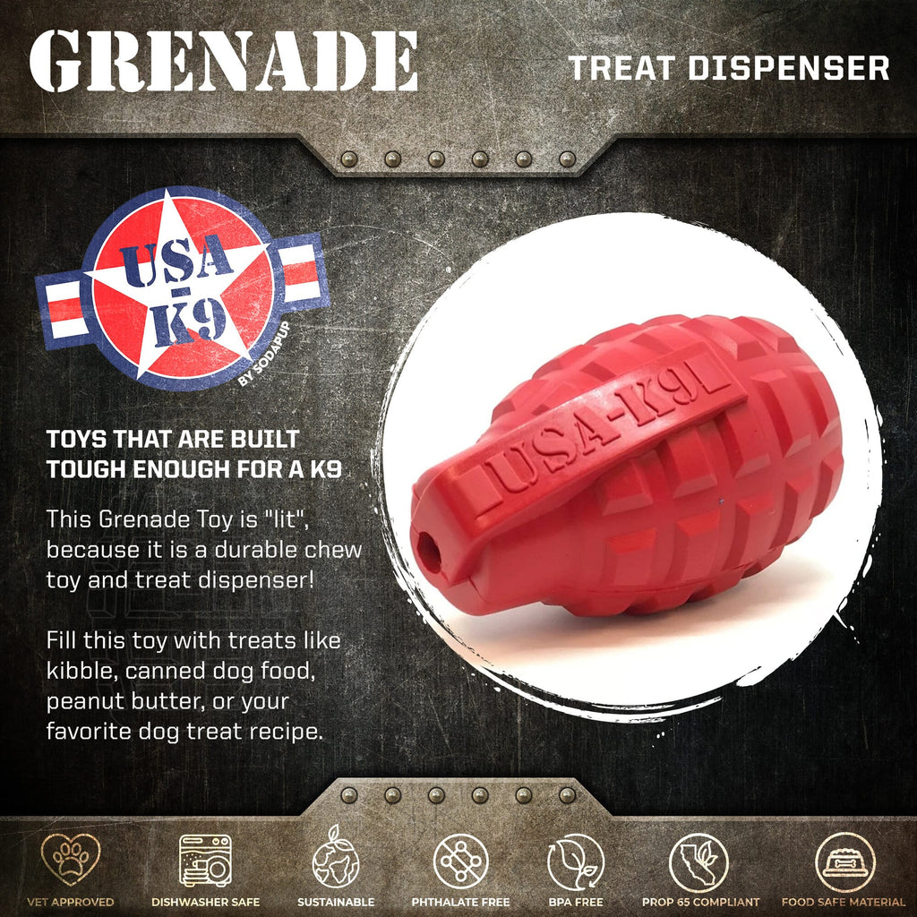 USA-K9 Grenade Shaped eDispenser Durable Dog Chew Toy & Treat Dispenser - Army Green