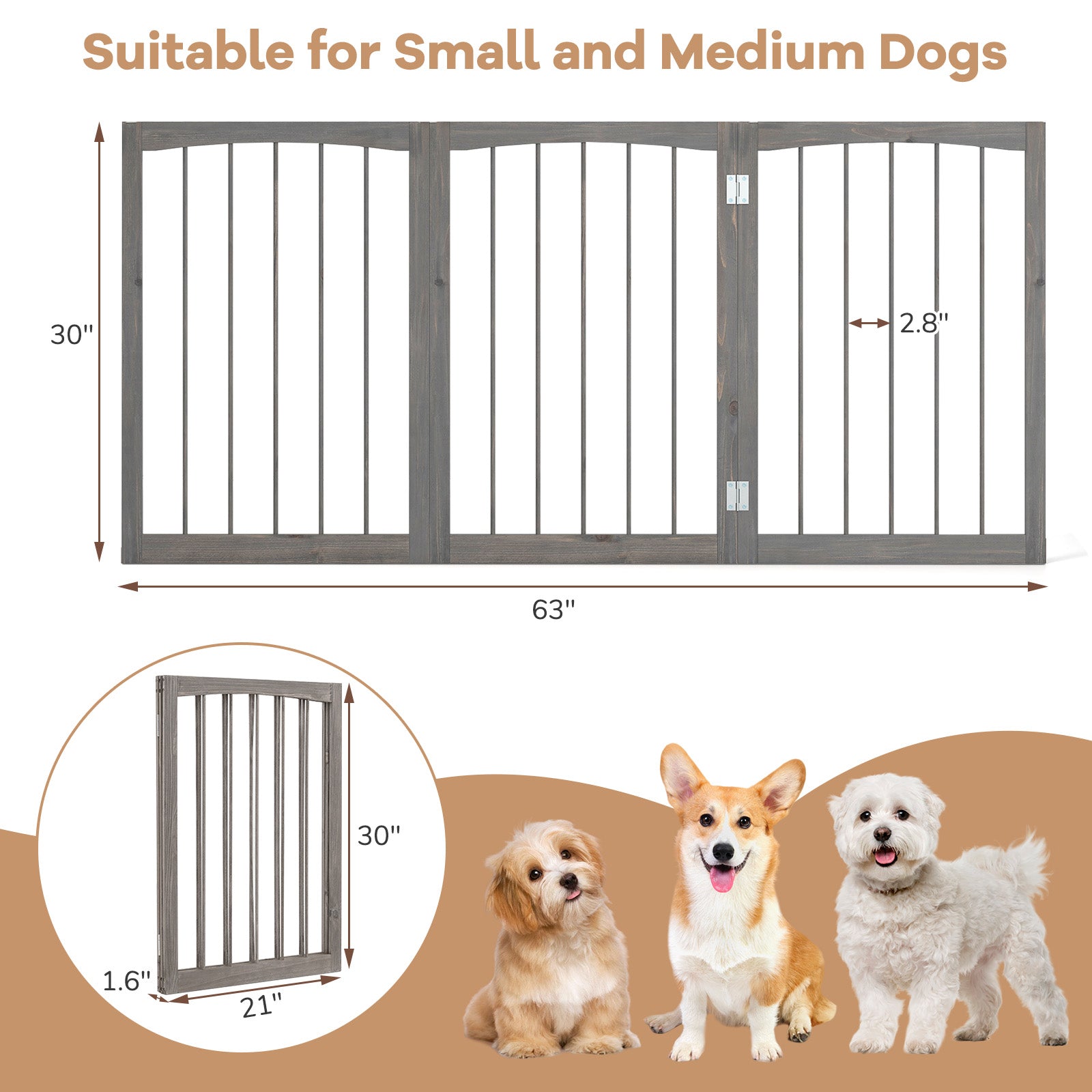 30 Inch Tall Wooden Pet Fence for Cats Small and Medium Dogs-Gray