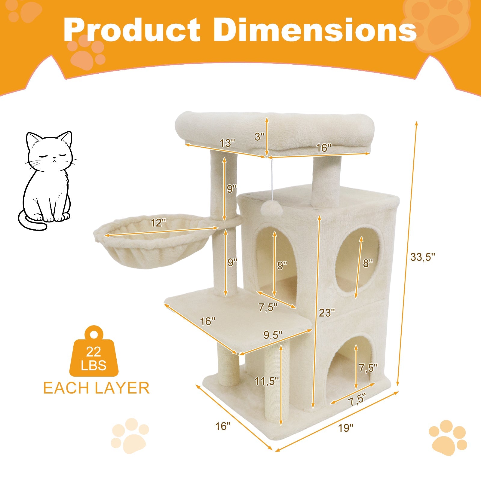 33.5 Inch Cute Kitten Tower with 2-Tier Condo and Padded Top Perch