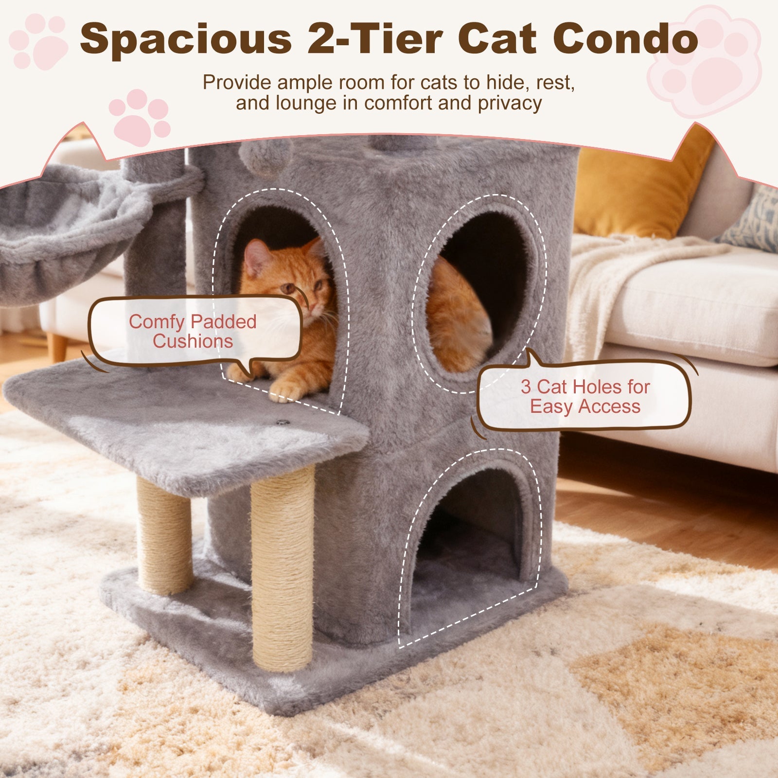 33.5 Inch Cute Kitten Tower with 2-Tier Condo and Padded Top Perch
