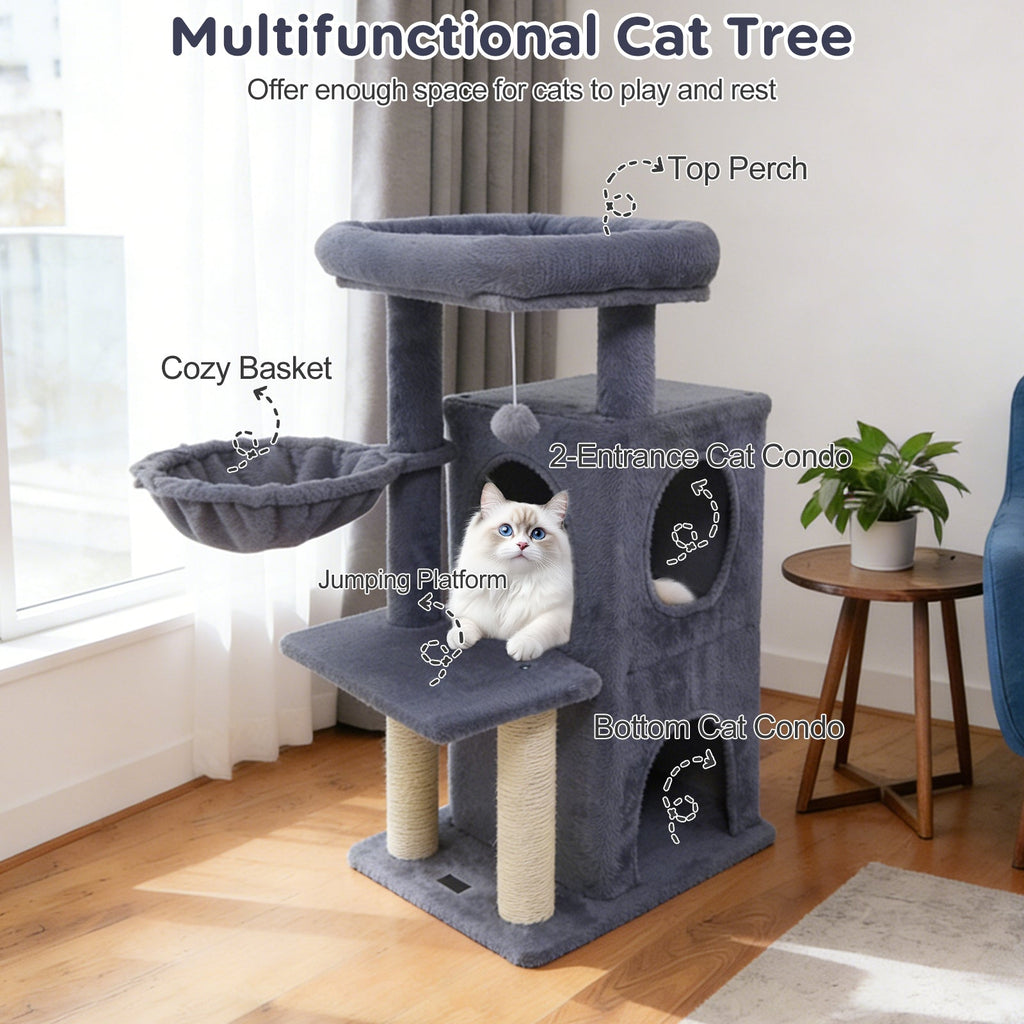 33.5 Inch Cute Kitten Tower with 2-Tier Condo and Padded Top Perch