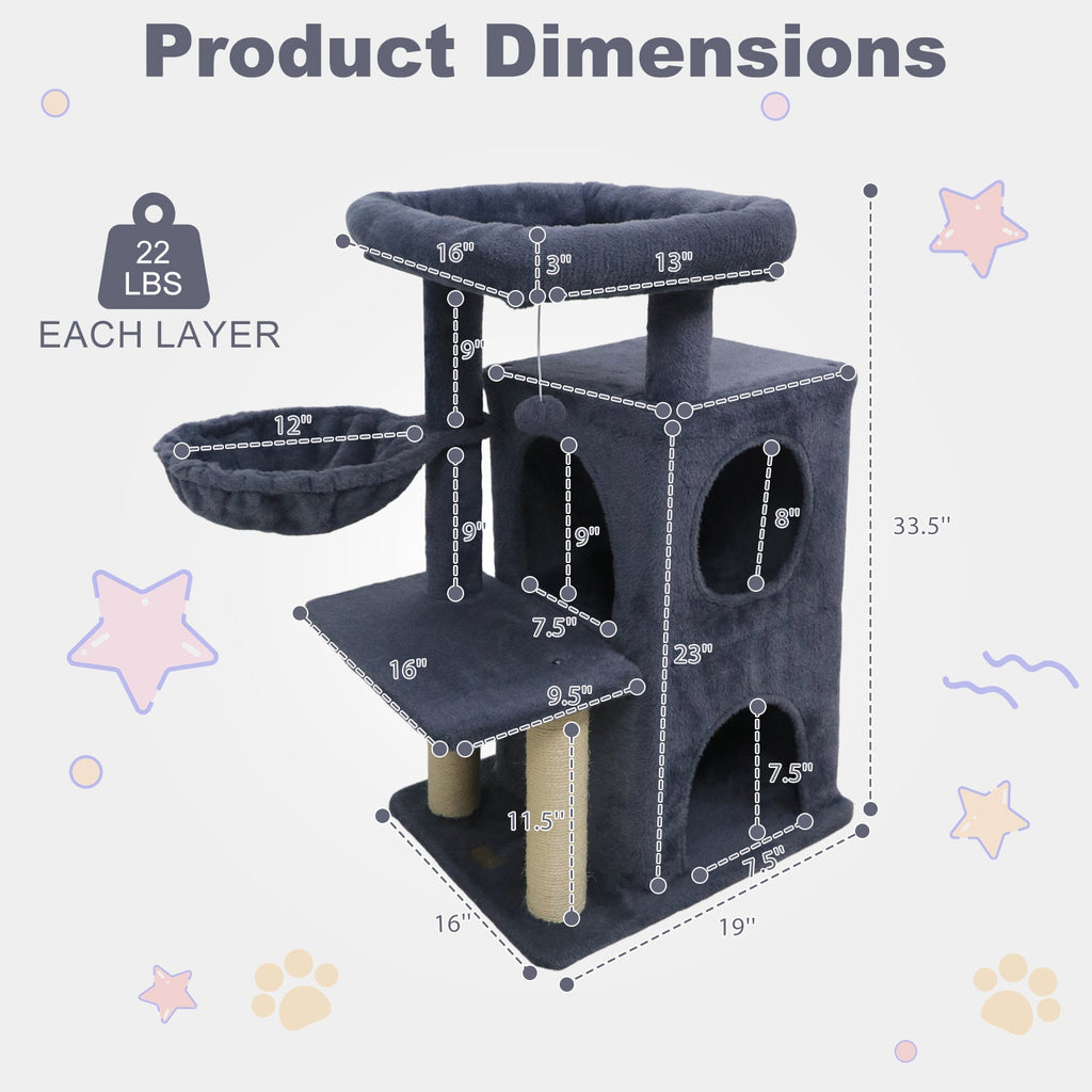 33.5 Inch Cute Kitten Tower with 2-Tier Condo and Padded Top Perch