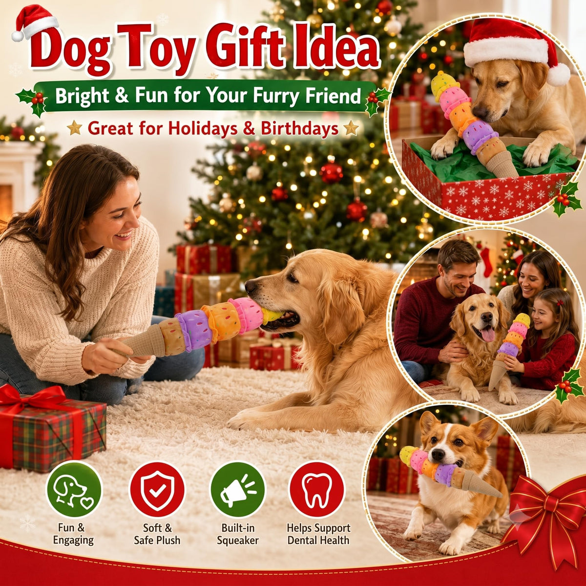 Squeaky Dog Plush Chew Toy, Interactive Tug Squeaky Toy For Chewers, Medium & Large Dogs & Fetch Play, 17.7 In Stuffed Rainbow Ice Cream Toy With Soft Short Plush For Gentle Gum Care & Boredom Relief