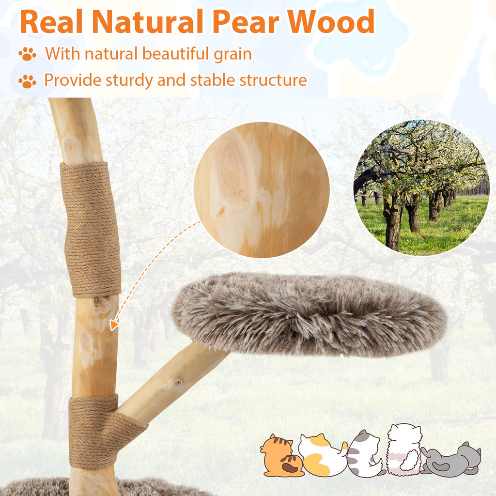 Modern Wooden Cat Tree Tower with Perch and Natural Jute Scratching Posts-Brown