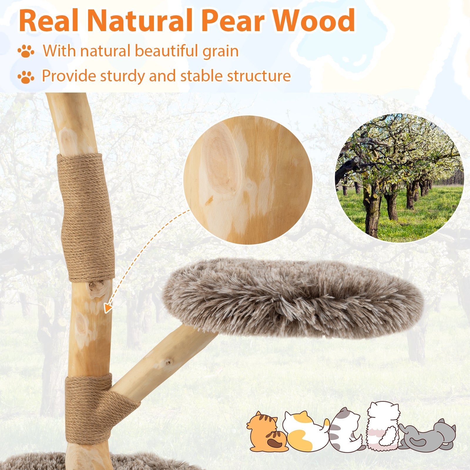Modern Wooden Cat Tree Tower with Perch and Natural Jute Scratching Posts-Brown
