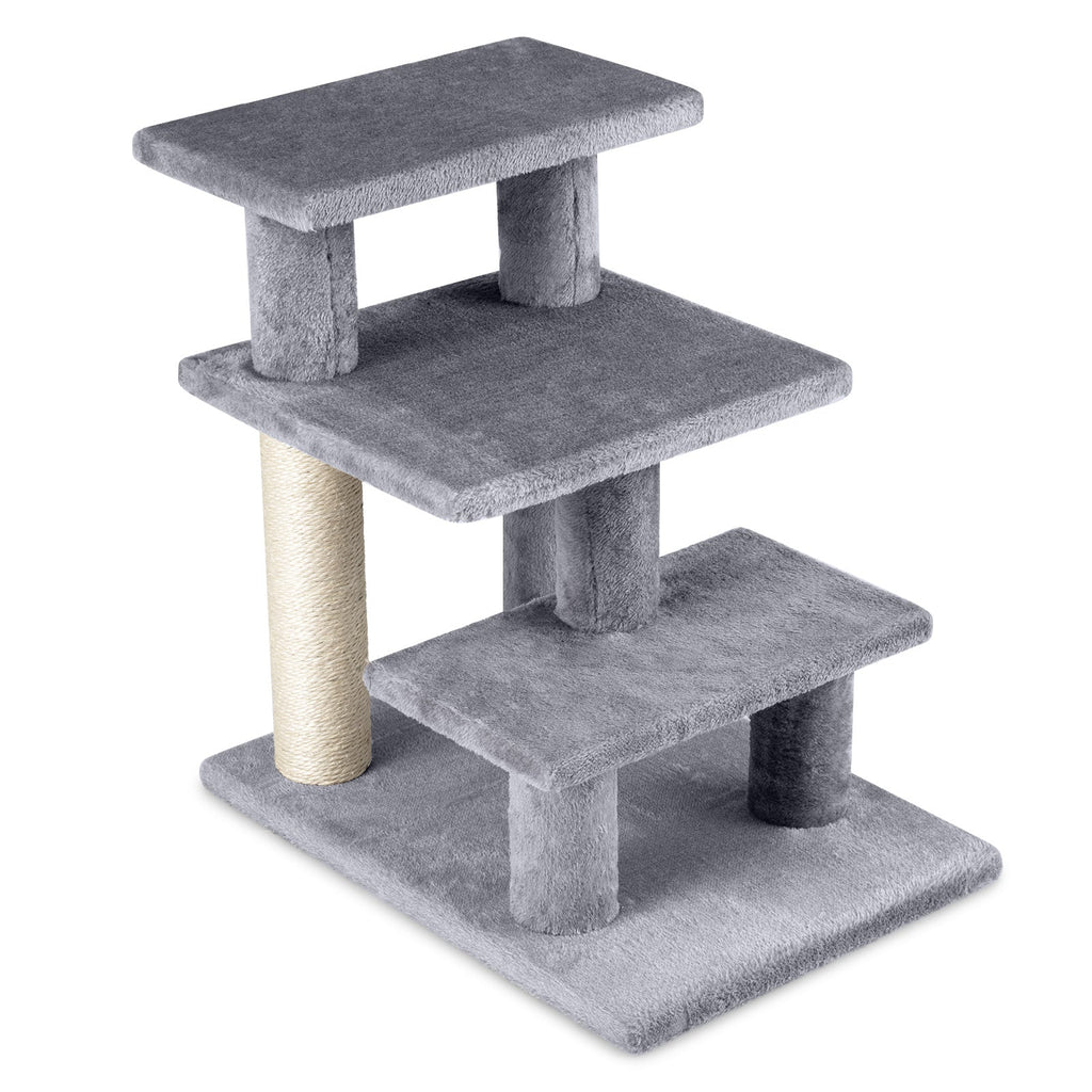3-Tier Cat Stairs 19 Inch Plush Steps with Scratching Posts for High Bed Sofa-Gray