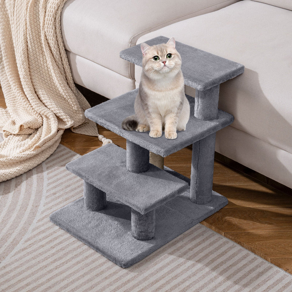 3-Tier Cat Stairs 19 Inch Plush Steps with Scratching Posts for High Bed Sofa-Gray