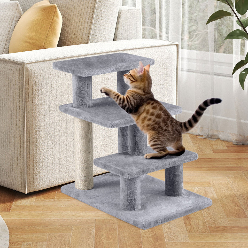 3-Tier Cat Stairs 19 Inch Plush Steps with Scratching Posts for High Bed Sofa-Gray