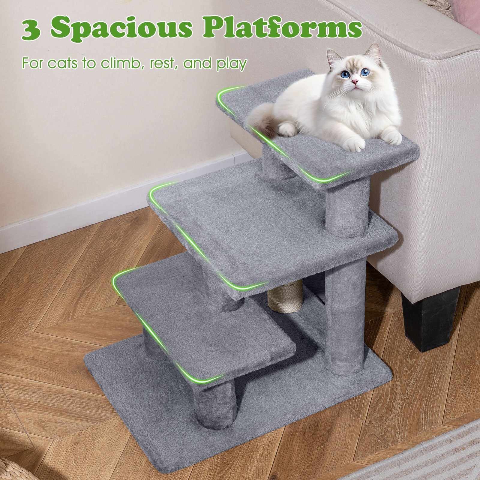 3-Tier Cat Stairs 19 Inch Plush Steps with Scratching Posts for High Bed Sofa-Gray