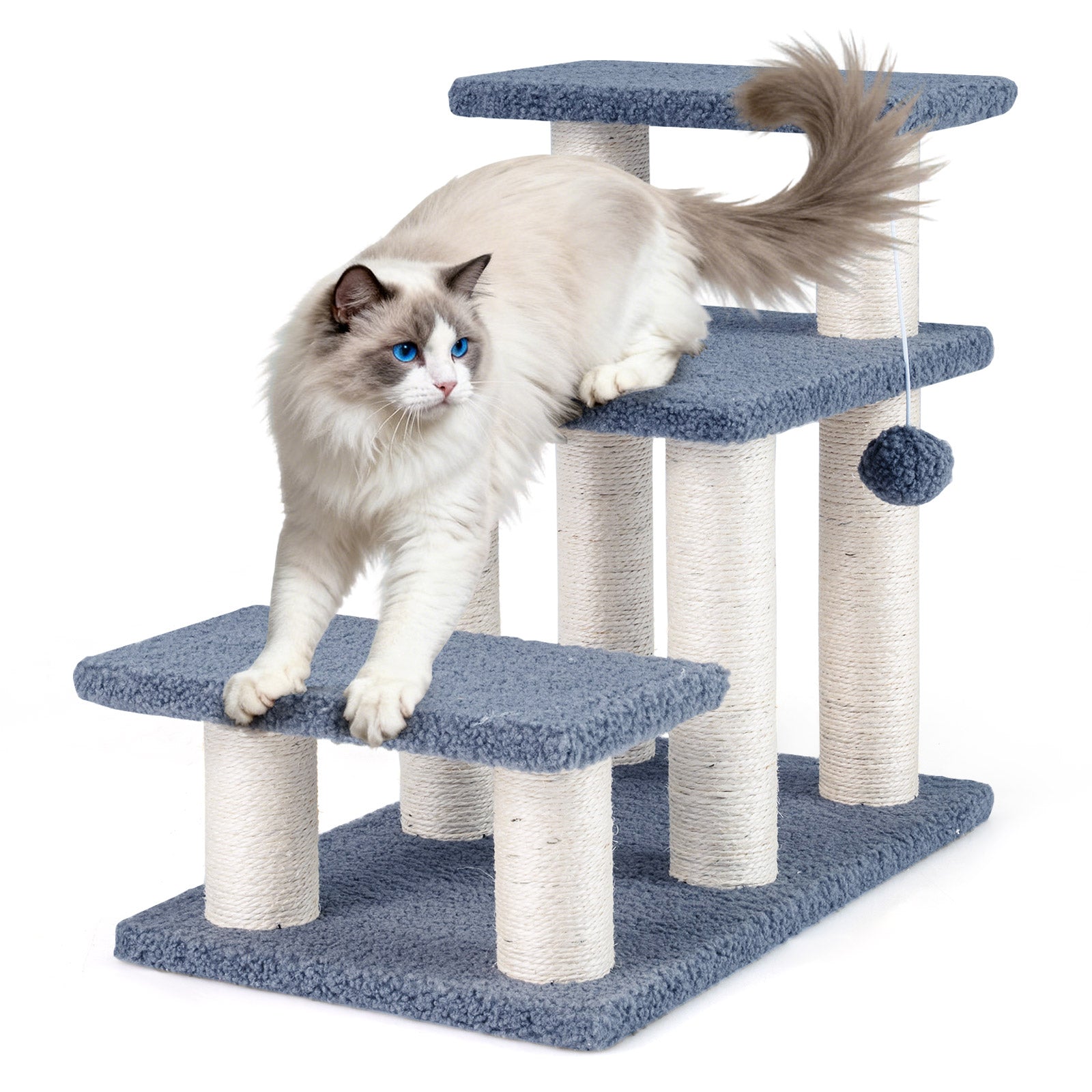 3-Tier Cat Stairs 20 Inch with Scratching Posts and Hanging Toy Ball-Gray