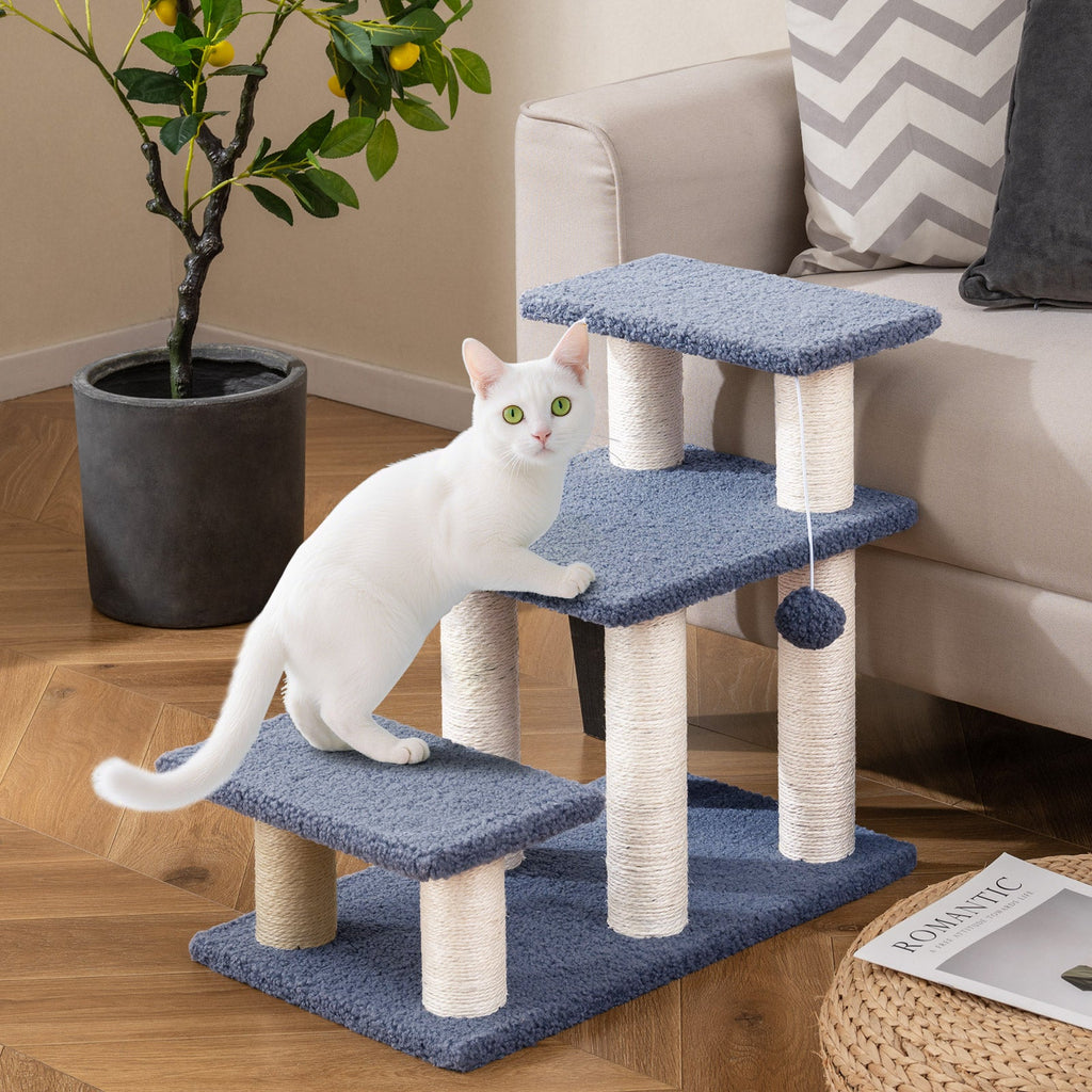 3-Tier Cat Stairs 20 Inch with Scratching Posts and Hanging Toy Ball-Gray