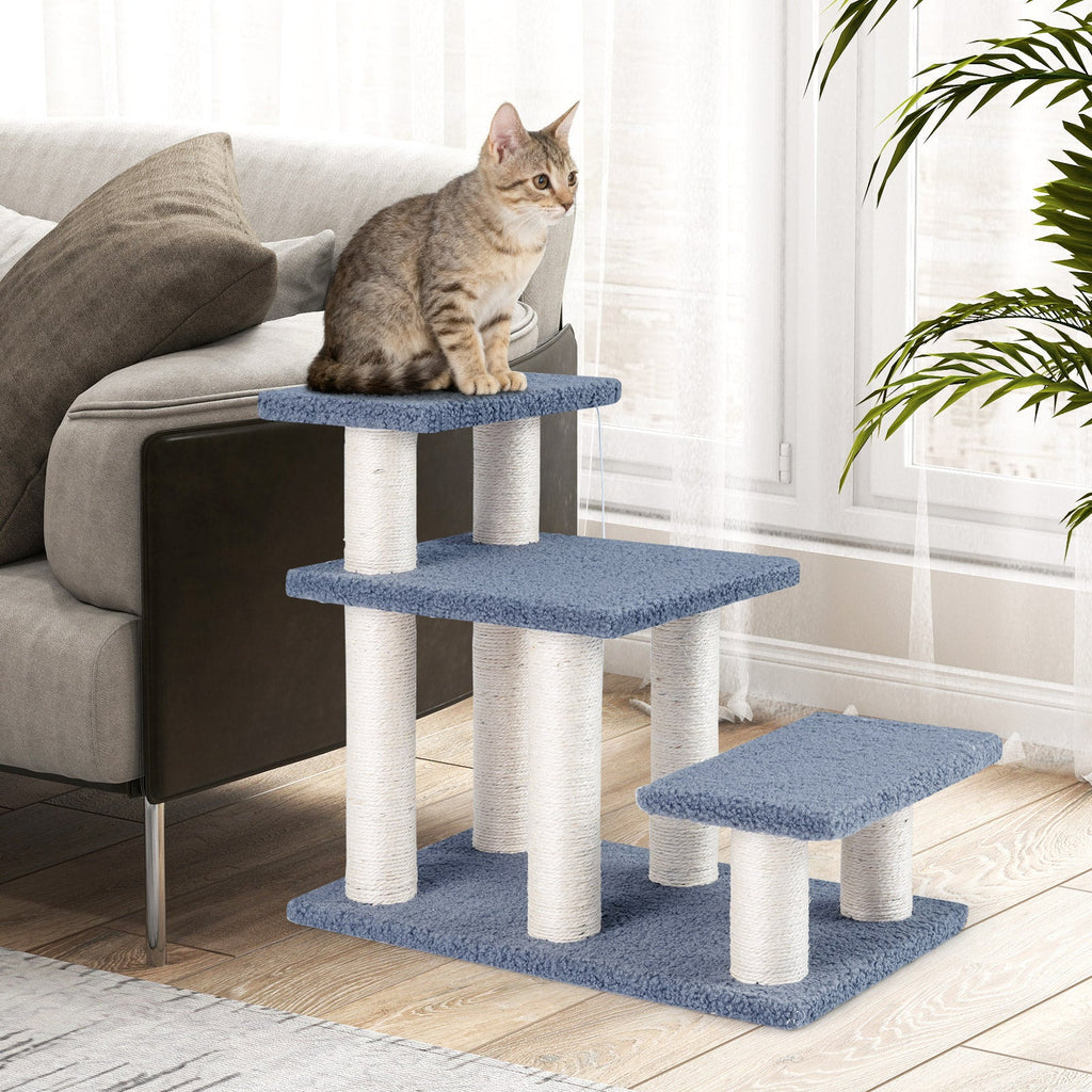 3-Tier Cat Stairs 20 Inch with Scratching Posts and Hanging Toy Ball-Gray