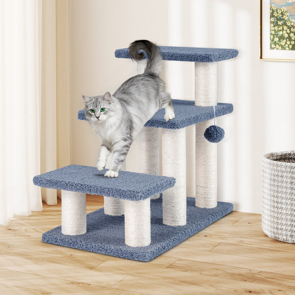3-Tier Cat Stairs 20 Inch with Scratching Posts and Hanging Toy Ball-Gray
